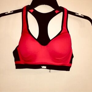 VSX Sports Bra Sz 36B Push Up Racer Back Red and Black Adjustable Straps Mesh